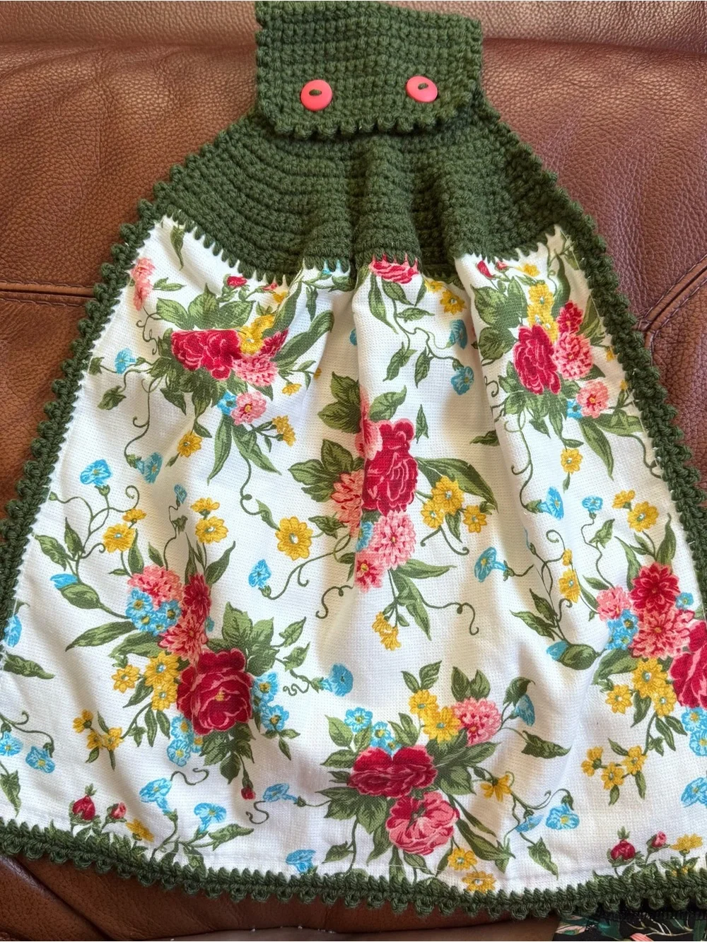 Pioneer Woman Floral Crochet Hanging Kitchen Towel Moss Green Handmade
